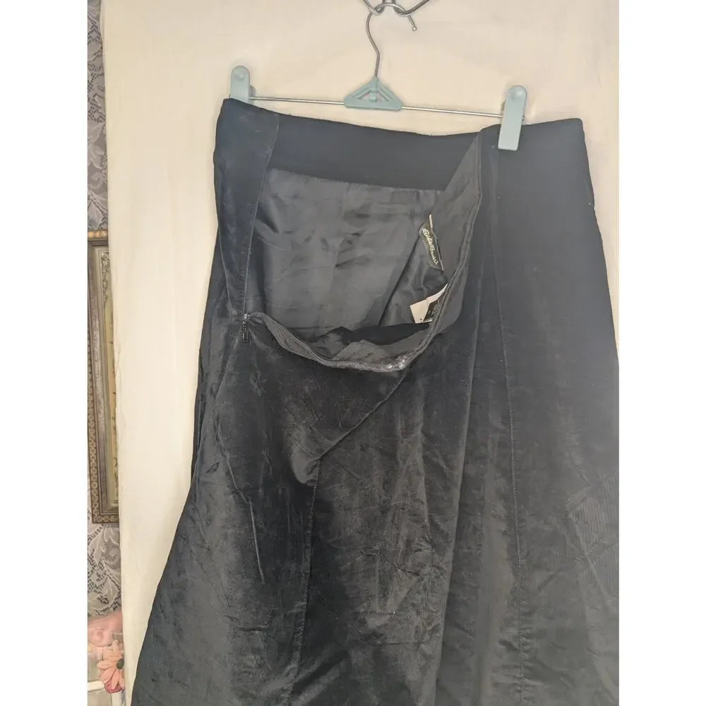 Vintage Eddie Bauer Black Velvet Midi Skirt Side Zip Stretch 90's Y2K Whimsigoth